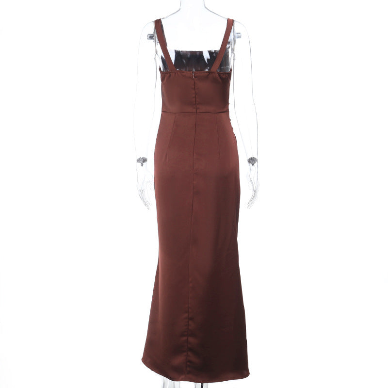 Square neck satin ruched zip-up cami maxi dress  | Festival Outfits Women