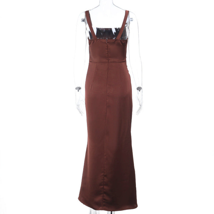 Square neck satin ruched zip-up cami maxi dress  | Festival Outfits Women