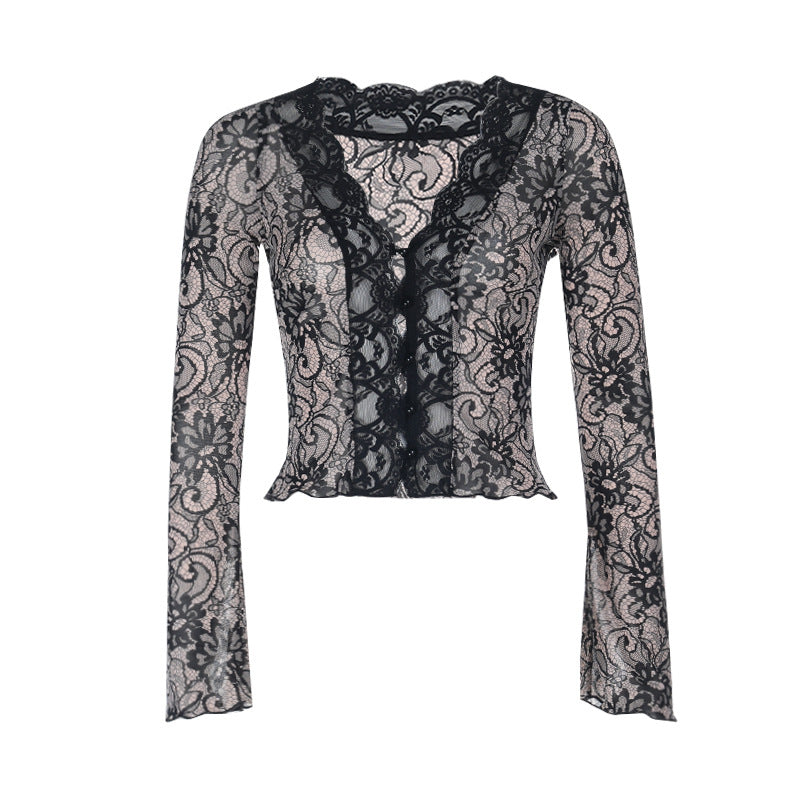 Lace hem long sleeve v neck button top  | Festival Outfits Women