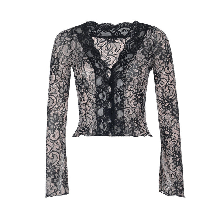 Lace hem long sleeve v neck button top  | Festival Outfits Women