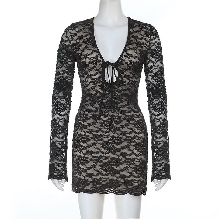 Long sleeve lace self tie hollow out cut out mini dress  | Festival Outfits Women