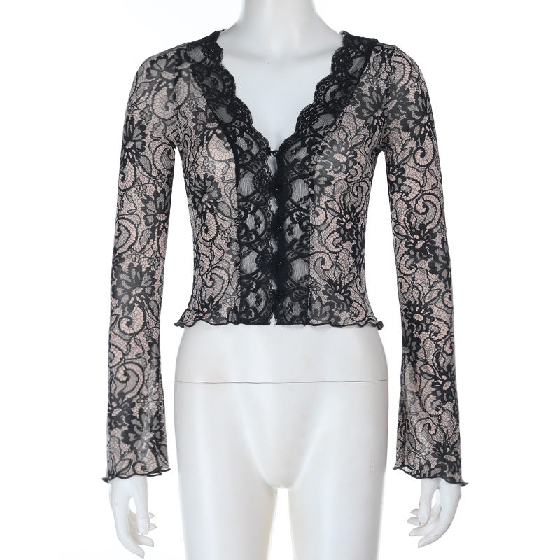 Lace hem long sleeve v neck button top  | Festival Outfits Women