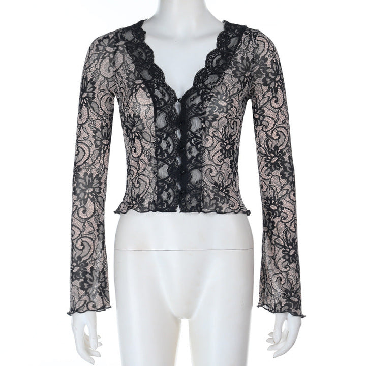 Lace hem long sleeve v neck button top  | Festival Outfits Women