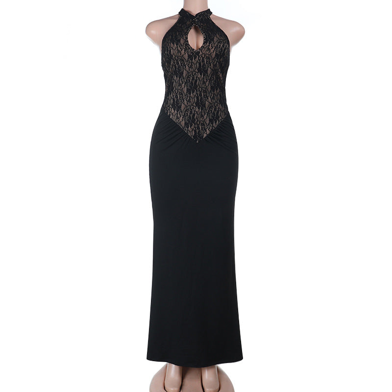 Halter hollow out ruched lace cut out maxi dress  | Festival Outfits Women