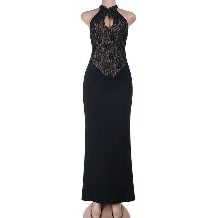 Halter hollow out ruched lace cut out maxi dress  | Festival Outfits Women