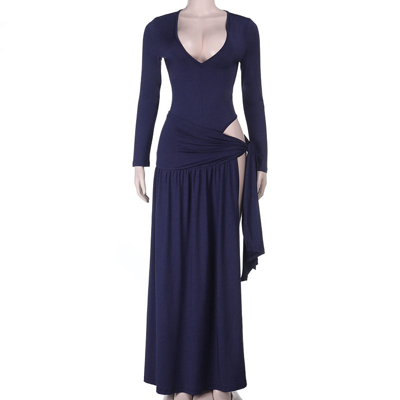 Long sleeve v neck ruched irregular maxi skirt set  | Festival Outfits Women