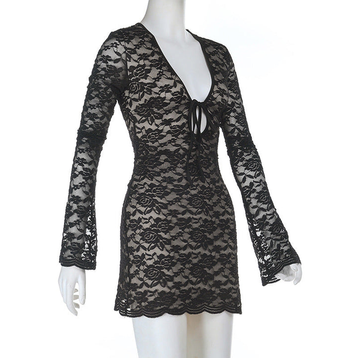 Long sleeve lace self tie hollow out cut out mini dress  | Festival Outfits Women