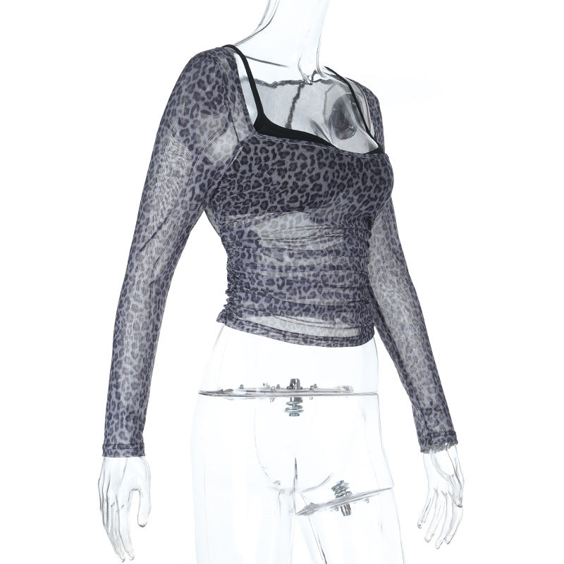 Leopard print long sleeve ruched u neck top  | Festival Outfits Women  | Cheetah Print Top