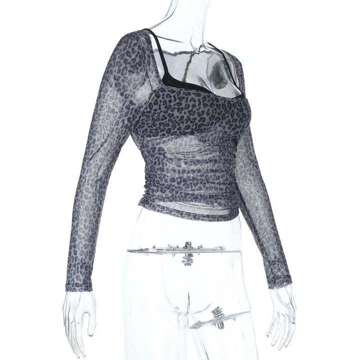Leopard print long sleeve ruched u neck top  | Festival Outfits Women  | Cheetah Print Top