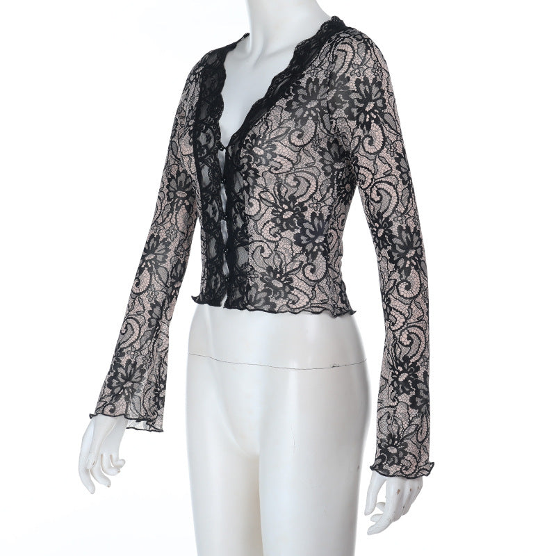 Lace hem long sleeve v neck button top  | Festival Outfits Women