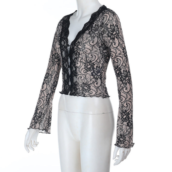 Lace hem long sleeve v neck button top  | Festival Outfits Women