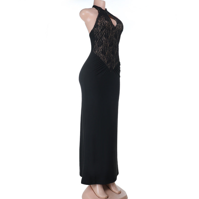 Halter hollow out ruched lace cut out maxi dress  | Festival Outfits Women