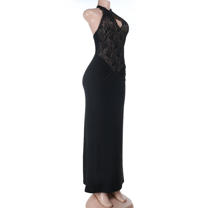 Halter hollow out ruched lace cut out maxi dress  | Festival Outfits Women