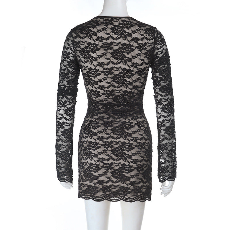Long sleeve lace self tie hollow out cut out mini dress  | Festival Outfits Women