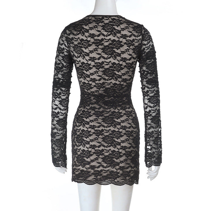 Long sleeve lace self tie hollow out cut out mini dress  | Festival Outfits Women