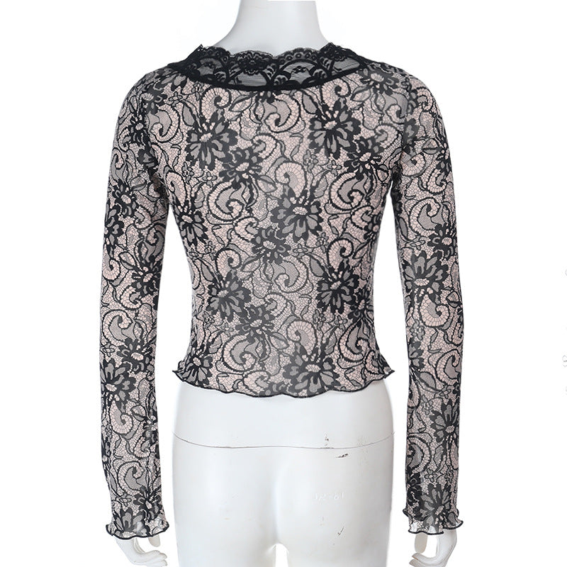 Lace hem long sleeve v neck button top  | Festival Outfits Women