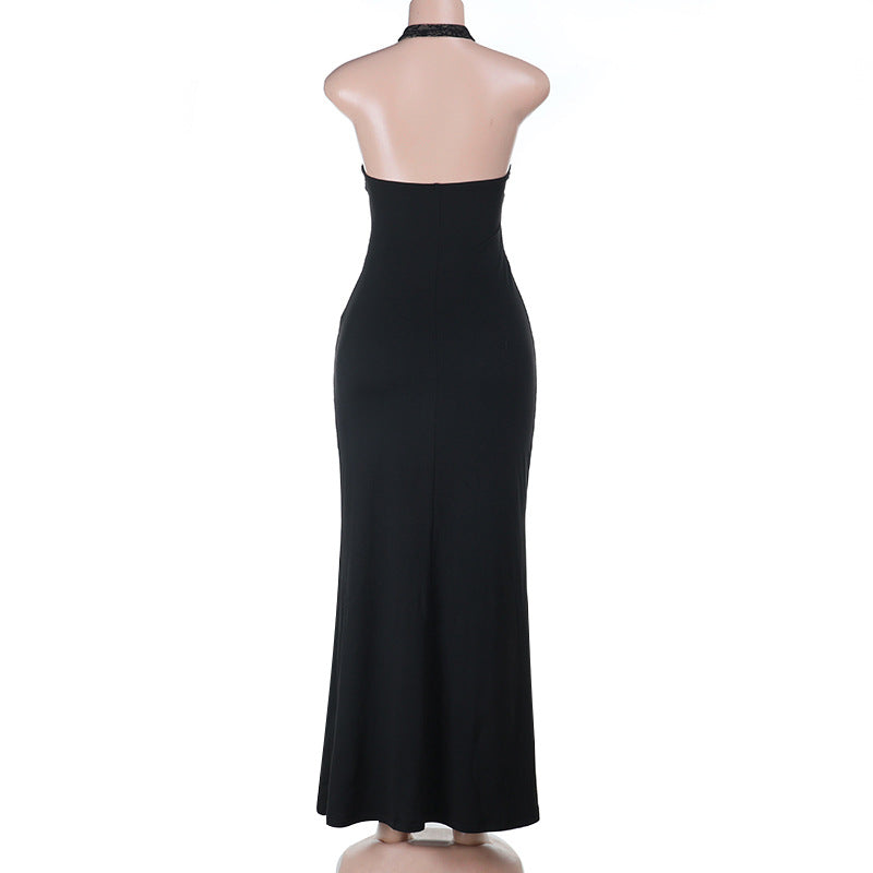 Halter hollow out ruched lace cut out maxi dress  | Festival Outfits Women