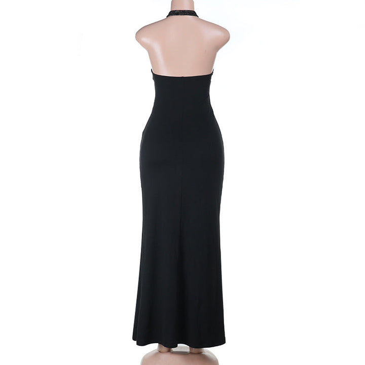 Halter hollow out ruched lace cut out maxi dress  | Festival Outfits Women