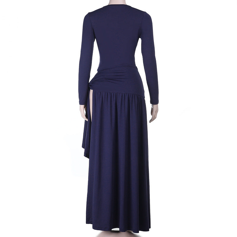 Long sleeve v neck ruched irregular maxi skirt set  | Festival Outfits Women