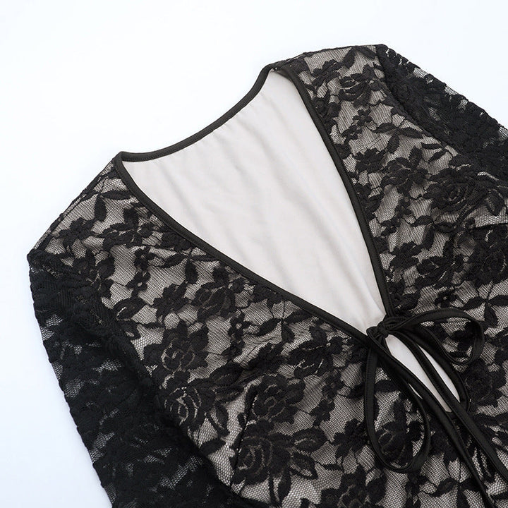 Long sleeve lace self tie hollow out cut out mini dress  | Festival Outfits Women