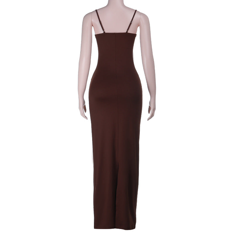 V neck backless solid cami maxi dress  | Festival Outfits Women