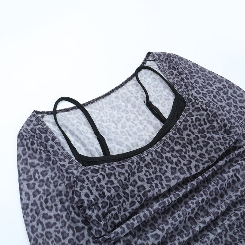Leopard print long sleeve ruched u neck top  | Festival Outfits Women  | Cheetah Print Top