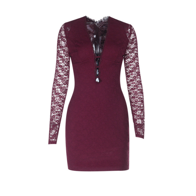Lace long sleeve v neck zip-up solid mini dress  | Festival Outfits Women
