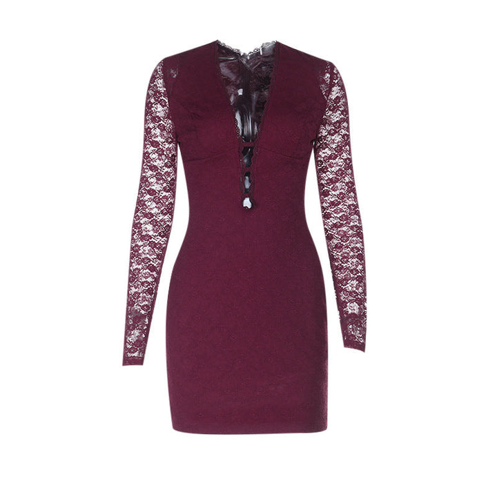 Lace long sleeve v neck zip-up solid mini dress  | Festival Outfits Women
