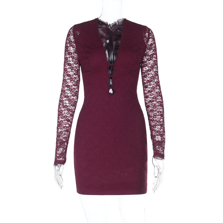 Lace long sleeve v neck zip-up solid mini dress  | Festival Outfits Women
