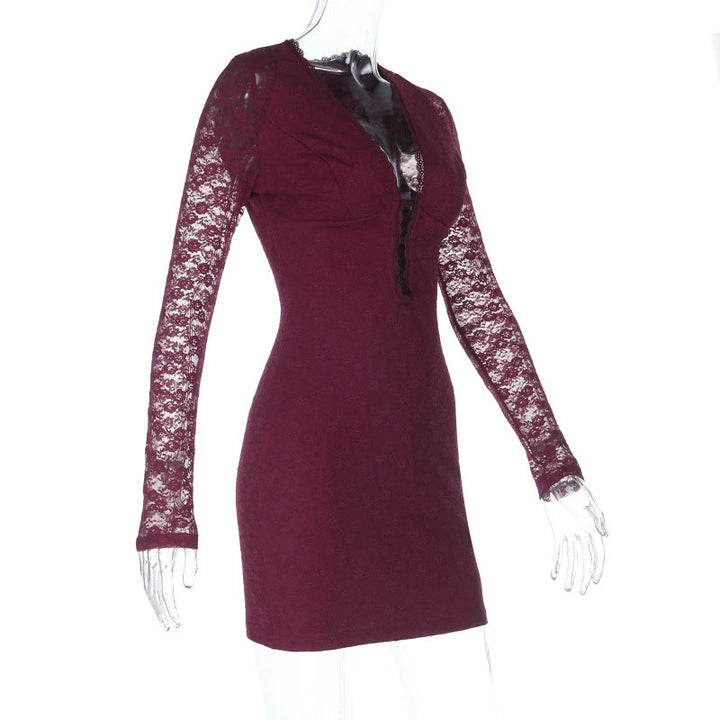 Lace long sleeve v neck zip-up solid mini dress  | Festival Outfits Women
