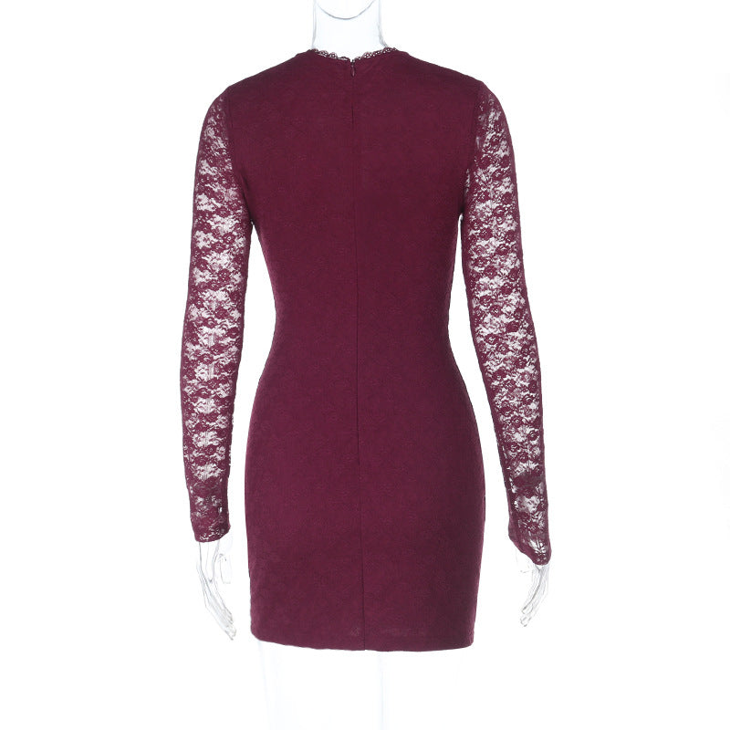 Lace long sleeve v neck zip-up solid mini dress  | Festival Outfits Women