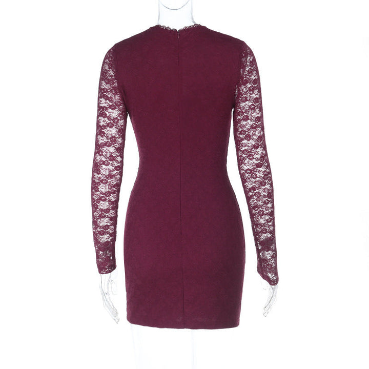Lace long sleeve v neck zip-up solid mini dress  | Festival Outfits Women