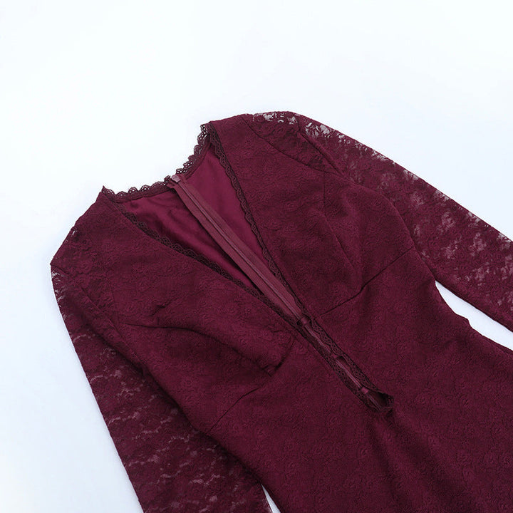 Lace long sleeve v neck zip-up solid mini dress  | Festival Outfits Women