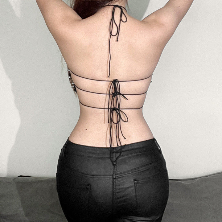 PU leather rivet self tie halter top  | Festival Outfits Women