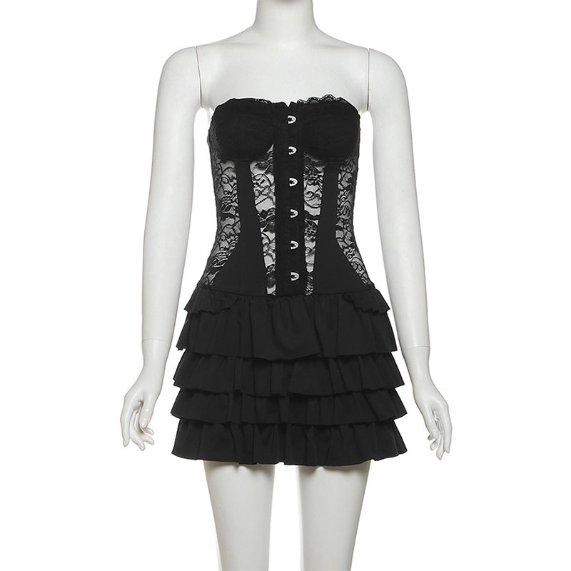 Sweetheart neck button ruffle lace mini dress  | Festival Outfits Women