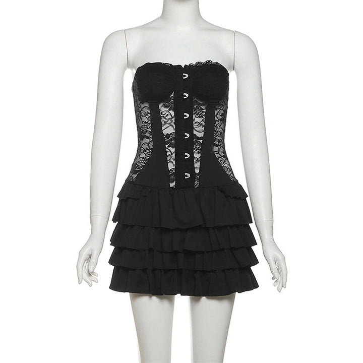 Sweetheart neck button ruffle lace mini dress  | Festival Outfits Women