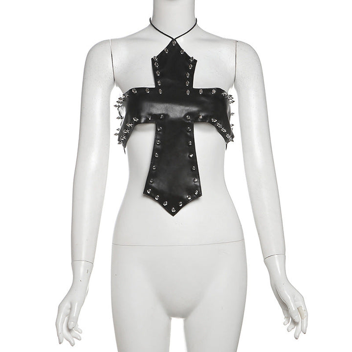 PU leather rivet self tie halter top  | Festival Outfits Women