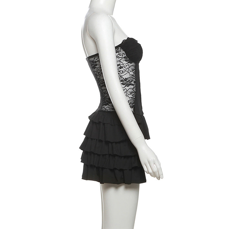 Sweetheart neck button ruffle lace mini dress  | Festival Outfits Women