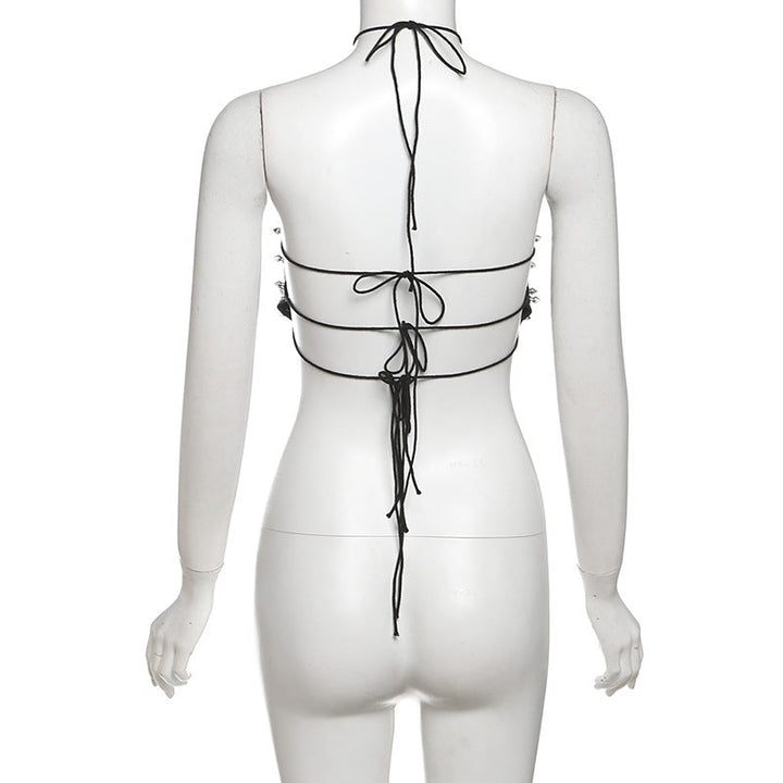 PU leather rivet self tie halter top  | Festival Outfits Women