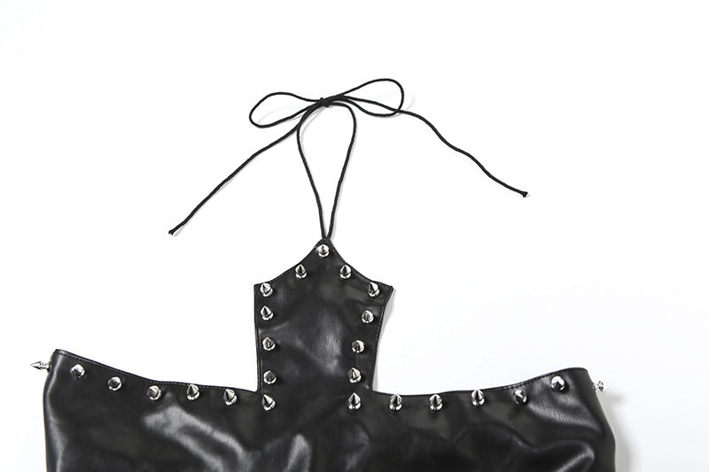 PU leather rivet self tie halter top  | Festival Outfits Women