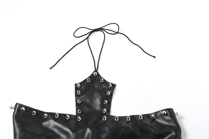 PU leather rivet self tie halter top  | Festival Outfits Women