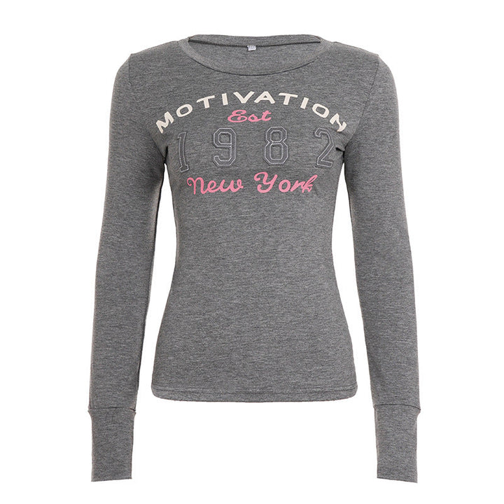Long sleeve crewneck letter print top  | Festival Outfits Women