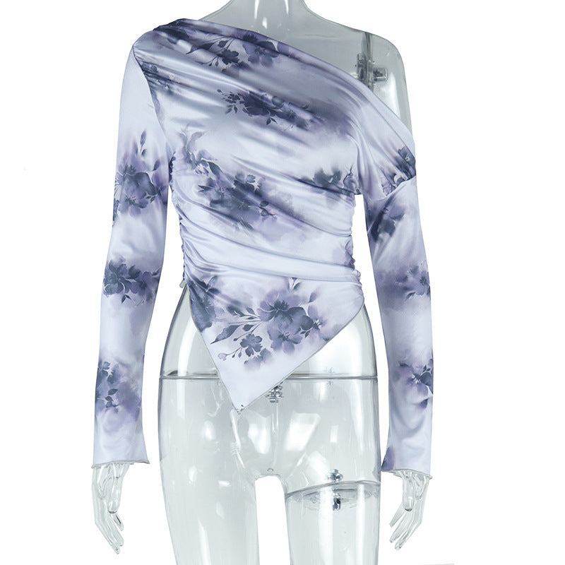 One shoulder long sleeve flower print irregular top  | Festival Outfits Women