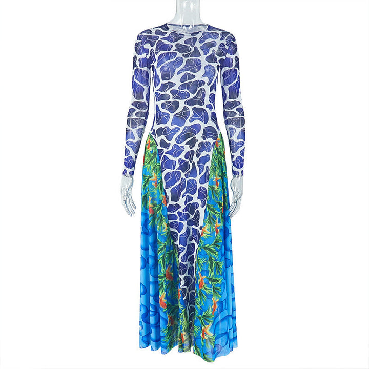Long sleeve crewneck contrast print maxi dress  | Festival Outfits Women