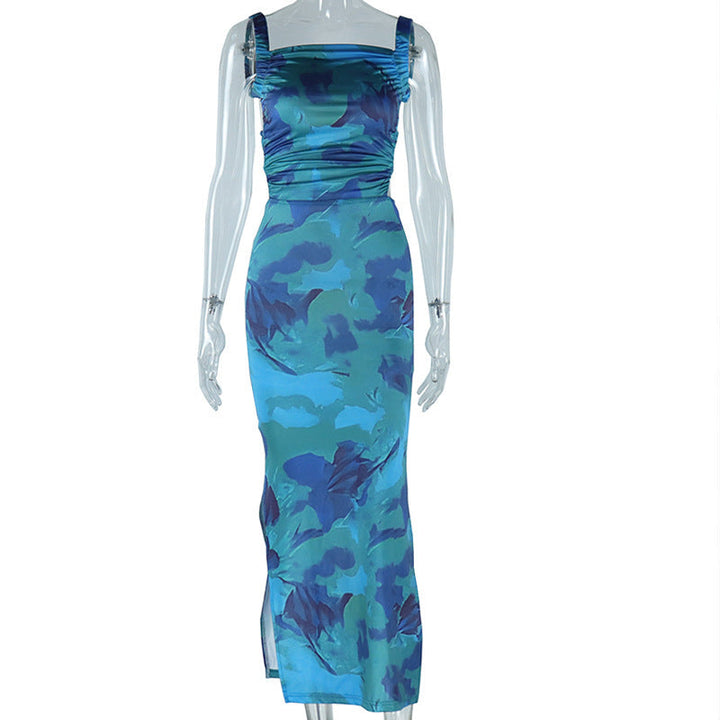 Square neck ruched print backless self tie cami maxi dress  | Festival Outfits Women