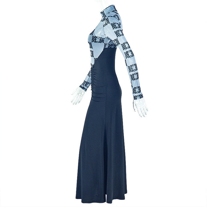 High neck long sleeve ruched print maxi dress  | Festival Outfits Women
