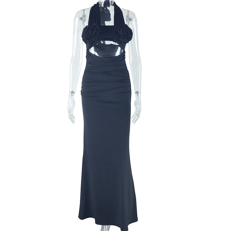 Halter flower applique hollow out cut out maxi dress  | Festival Outfits Women