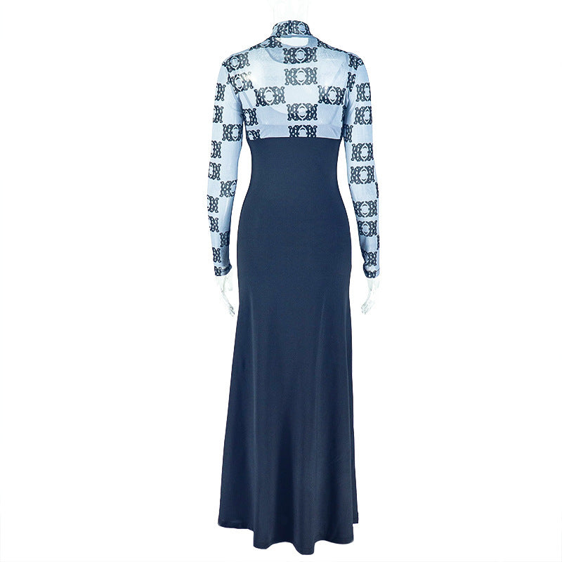 High neck long sleeve ruched print maxi dress  | Festival Outfits Women