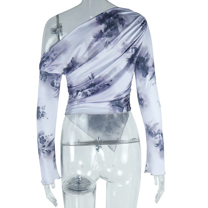 One shoulder long sleeve flower print irregular top  | Festival Outfits Women