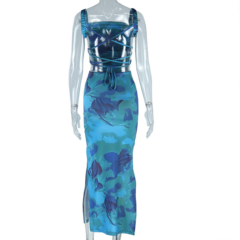 Square neck ruched print backless self tie cami maxi dress  | Festival Outfits Women